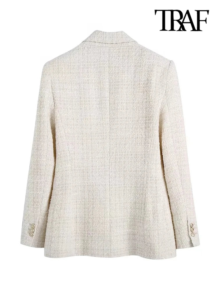 Women Fashion Tweed Double Breasted Blazer Coat Vintage Long Sleeve Flap Pockets Female Outerwear Chic Veste Femme