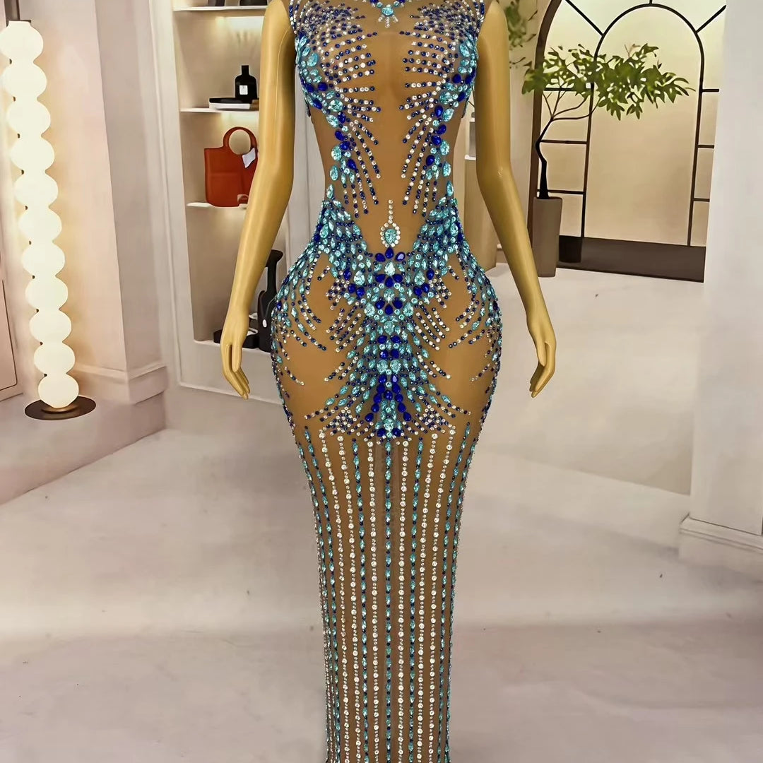 Sparkling Rhinestone See Through Mesh Evening Gown Birthday Celebrate Prom Sexy Long Dress Nightclub Cocktail Party Lantianyise