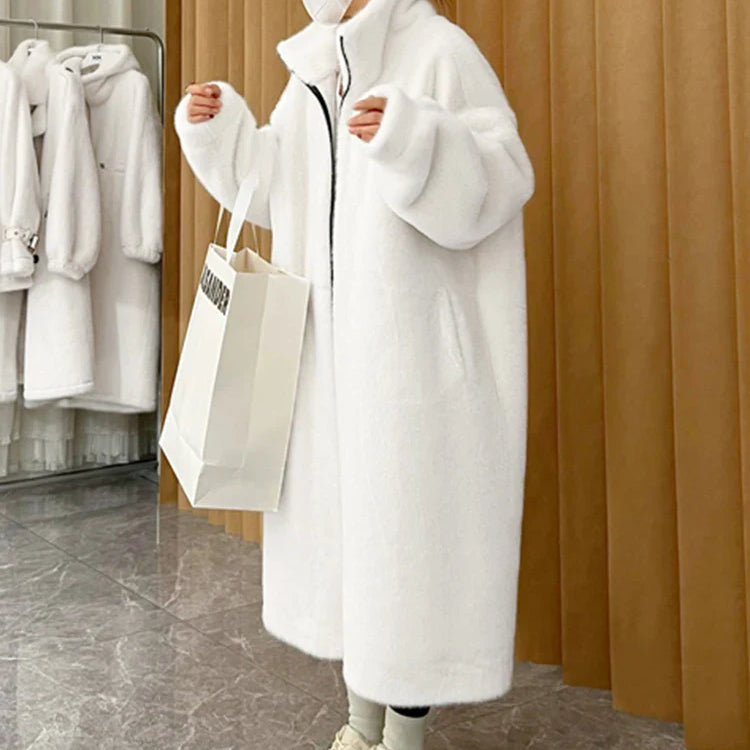 Winter Long Oversized Blue White Black Fluffy Thick Warm Faux Fur Coat Women Zip Up Runway Designer Korean Fashion 2022