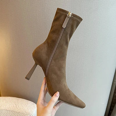 Luxury Spring Autumn Women Ankle Boots Fashion Ladies Pointed Toe Short Booties Elegant Thin High Heel Women's Footwear Khaki