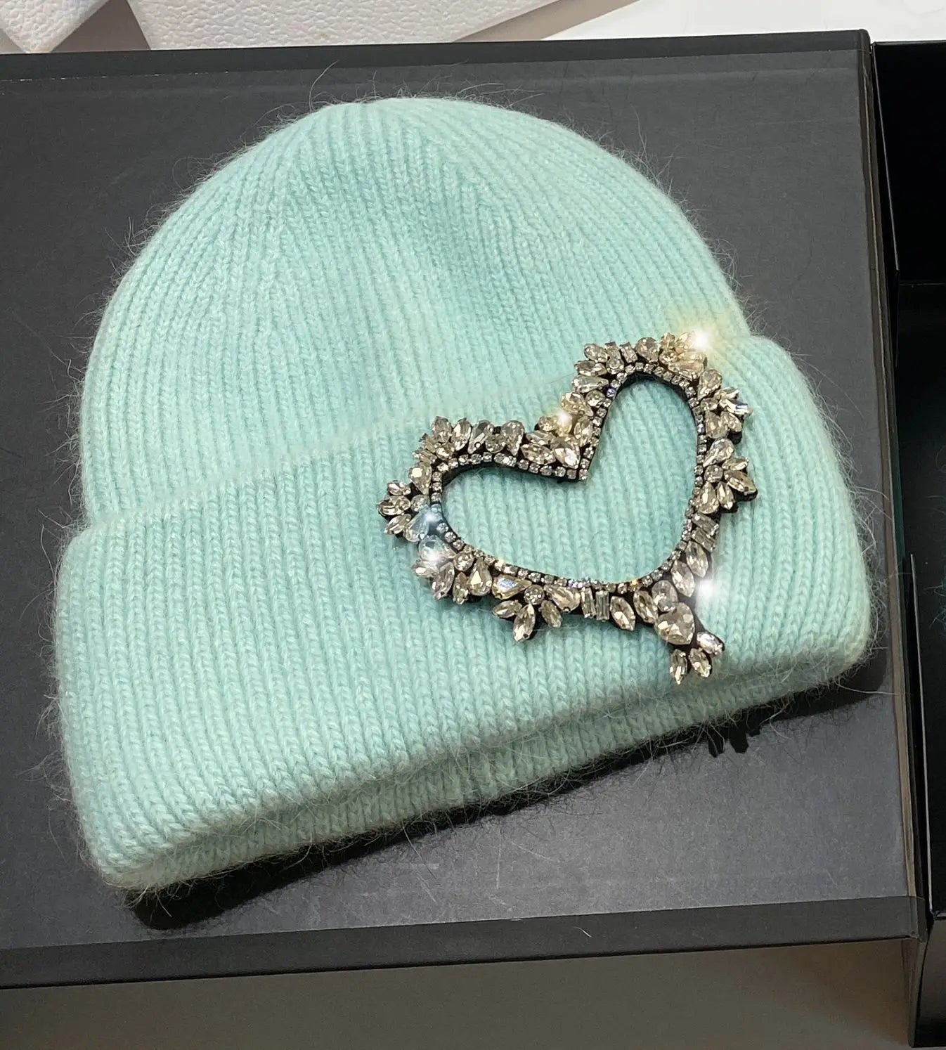 Luxury Heart Rhinestone Winter Beanies Women Solid Color Real Rabbit Fur Knitted Hat Lady Fashion Warm Pullover Caps Gifts mint green Adult
