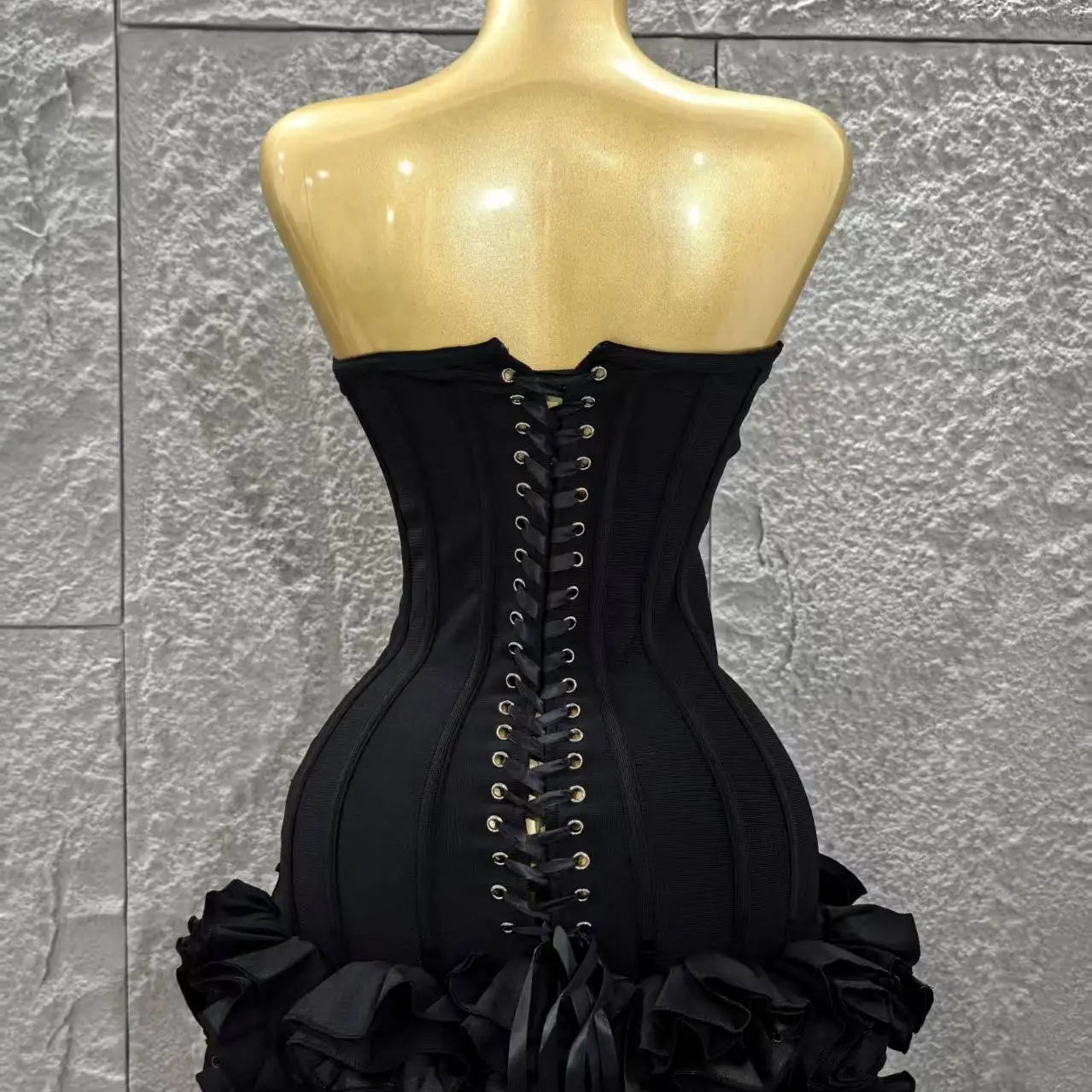 Black Color Women Sexy Strapless Florals Bodycon Mini Ball Gown Bandage Dress Celebrate Nightclub Party Bar Birthday Outfit