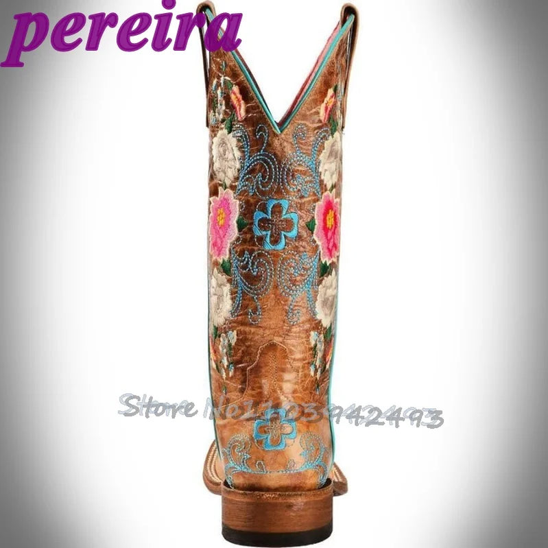 Embroidered Flower Boots Rose Garden Botas Mid-Calf Brown Square Heel Booties Cowboy Autumn Winter Zapatos Slip On Outer Shoes