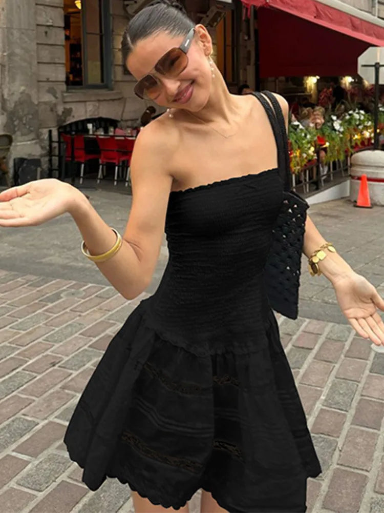 Off-shoulder Strapless A-line Sexy Mini Dress For Women Fashion Lace Sleeveless Backless High Waist Club Party Dress