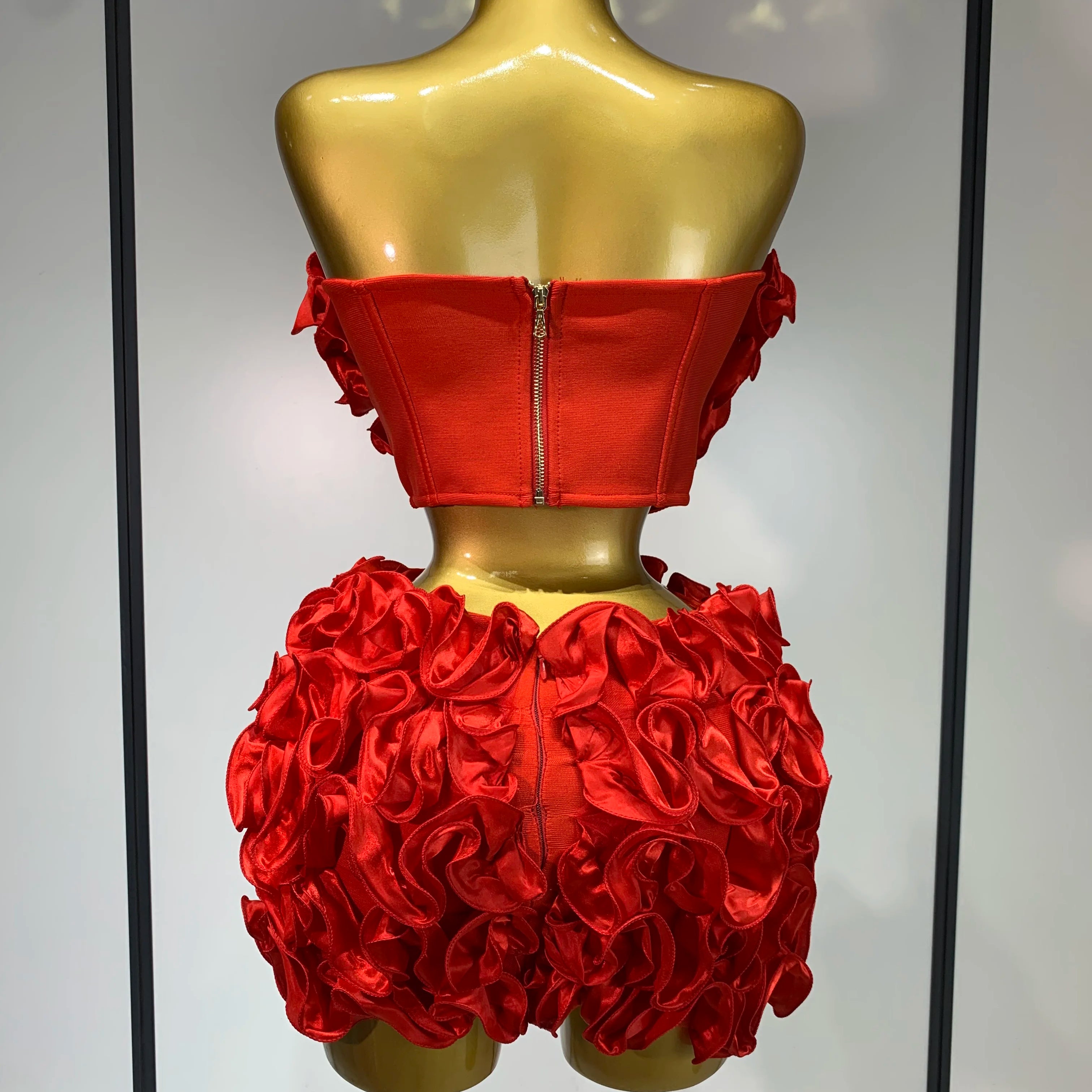 Women Sexy Strapless Red flower Top With Mini Skirt Bodycon Bandage Suit Celebrity Party Cocktail Birthday Two Pieces Set