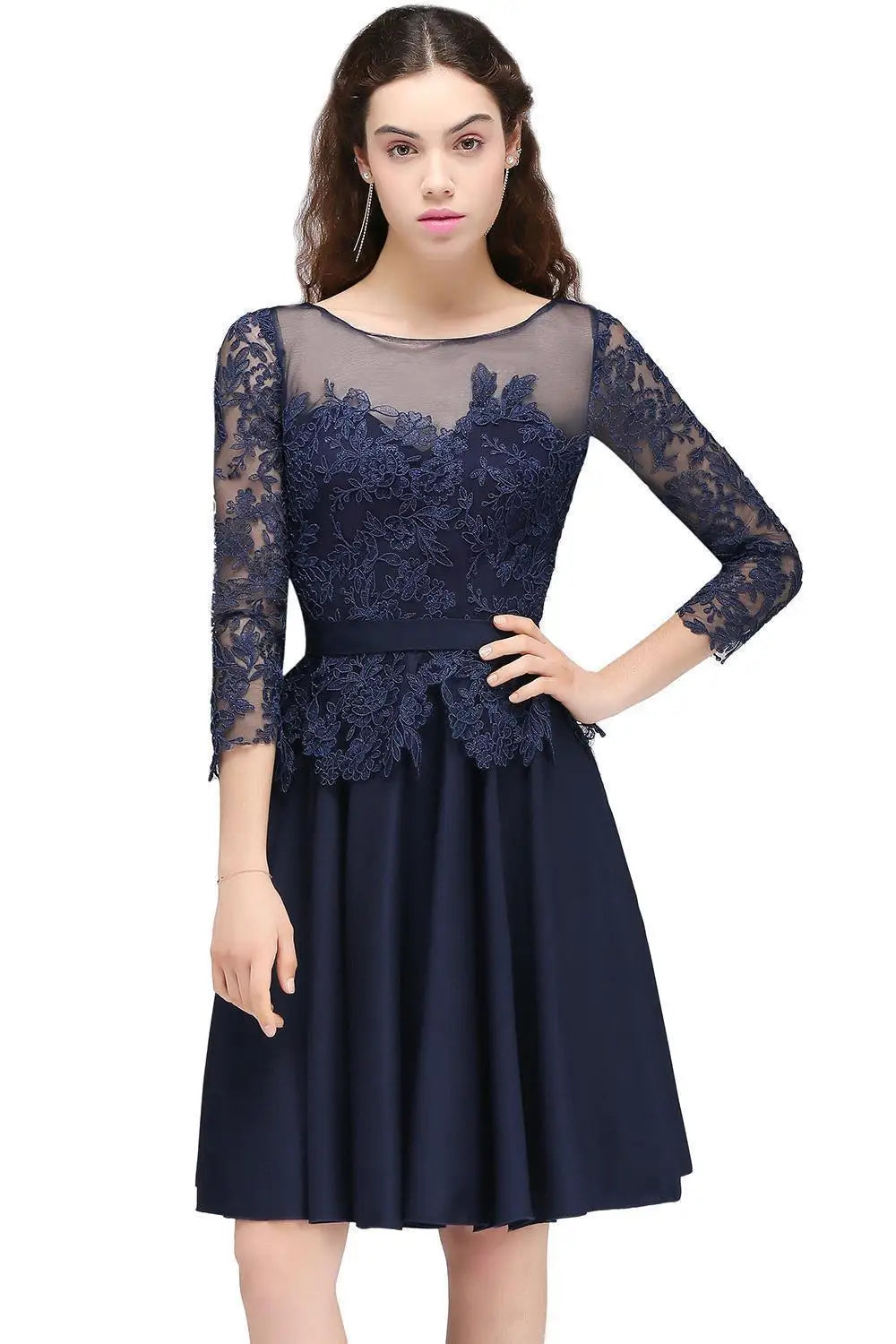 A-line Scoop Long Sleeves Lace Homecoming Dress Chiffon A Line Skirt Short Knee-Length Formal Party Gown Prom