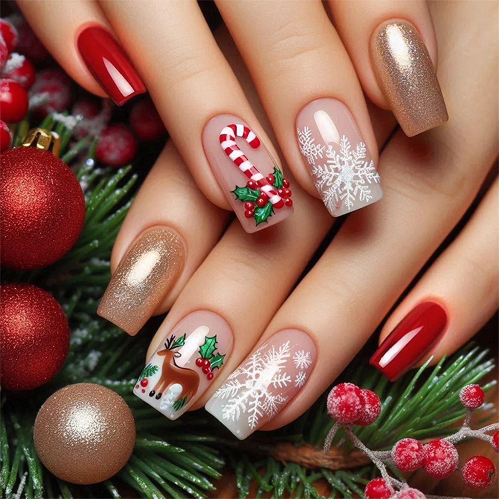 New Year Party Fake Nails Art 24Pcs Red Short Square Press On Nails Deer/Snowflake Printed Christmas False Nails Patches