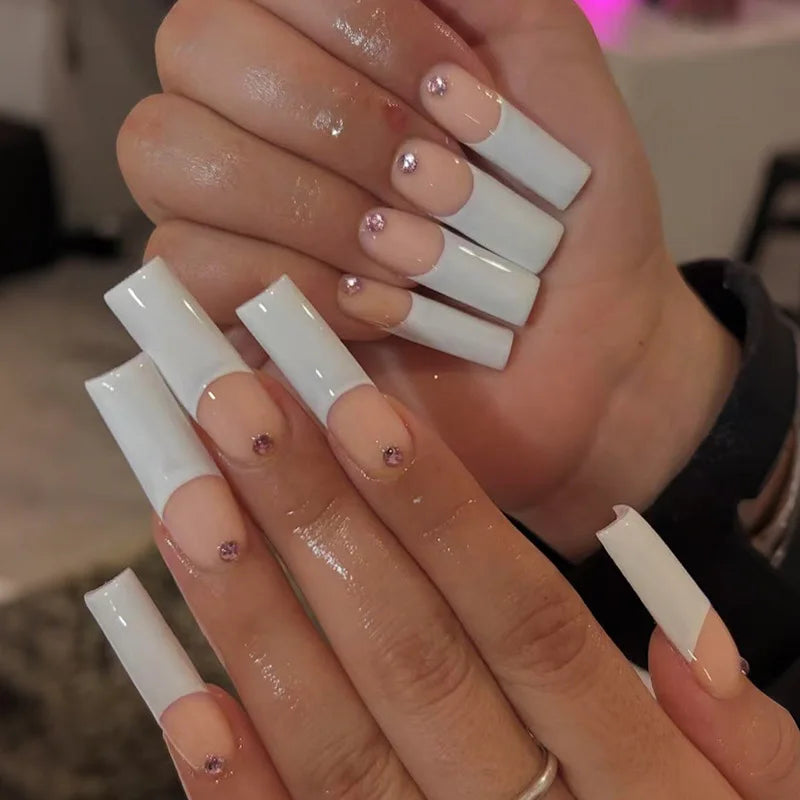 Mid-length Coffin Fake Nails 24Pcs White French Tip Ballerina Press On Nail Pink/White Flower Printed Spring/Summer DIY Manicure