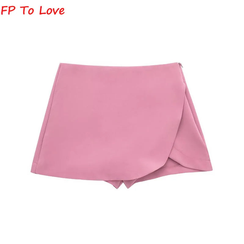Khaki Asymmetric Culottes Mini Shorts Skirts Split Street Look Pink Black Bottom Woman Pink
