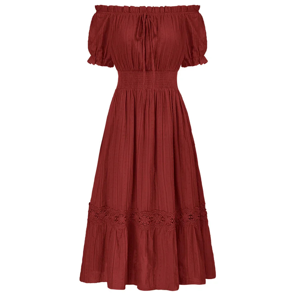 SD Women Renaissance Cotton Dress Summer Short Sleeve Ruffled Off Shoulder Flared A-Line Dress Ruched Slim Fit Fashion Dresses Wine