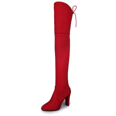 Sexy Party Fashion Suede Leather Shoes Women Over The Knee Heels Boots Stretch Flock Pointed Thick Heel Botas Black Long Boots red