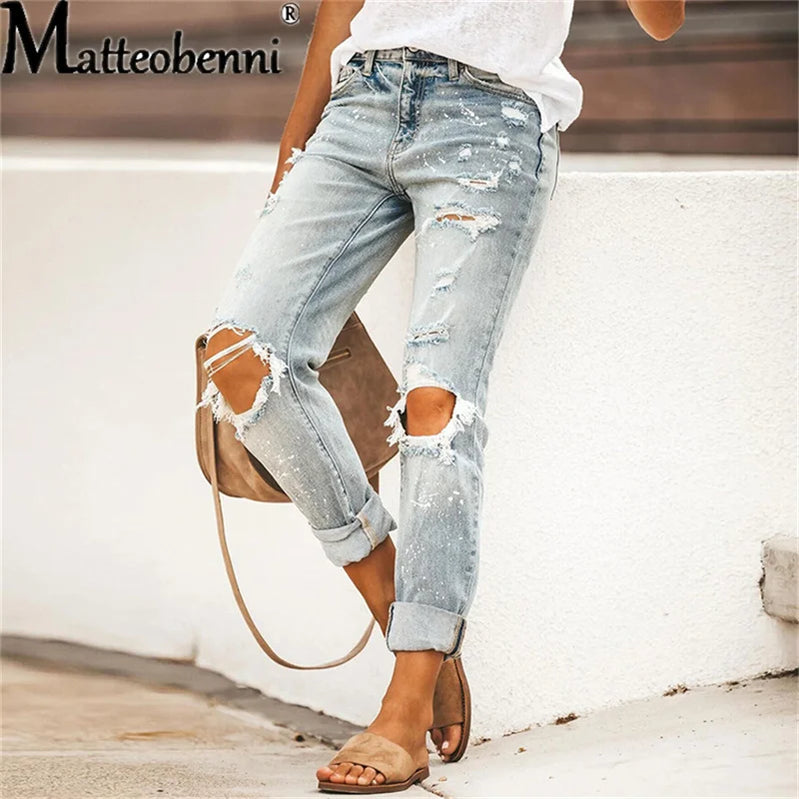 Women Stretch Ripped Distressed Skinny High Waist Denim Pants Shredded Jeans Trousers Slim Jeggings Ladies Autumn Straight Jeans