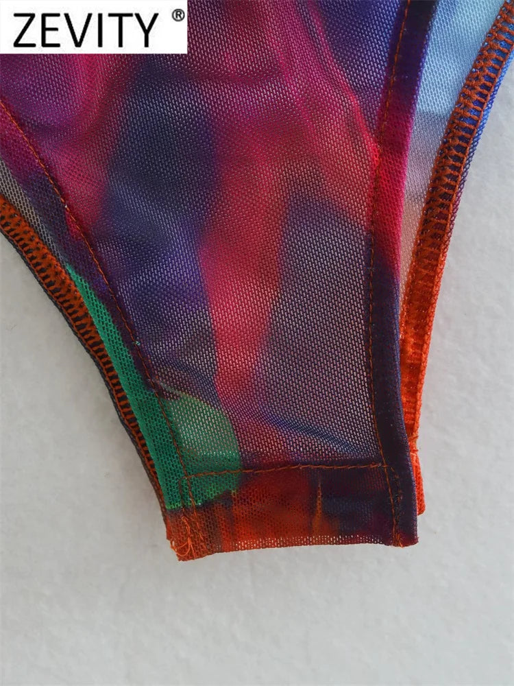 Zevity Women Vintage Ink Painting Graffiti Print Mesh Yarn Slim Bodysuits Ladies Sexy Perspective Playsuits Mujer Rompers LS2633