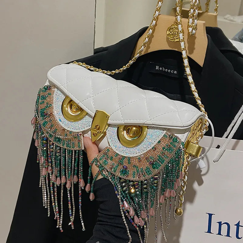 Kadınlar için sevimli baykuş çantaları yeni lüks tasarımcı çanta moda püskül crossbody çanta deri hayvan baskı omuz çantası kadın