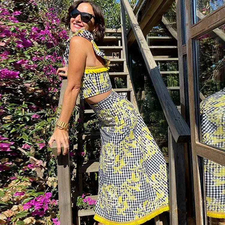 Summer Chic Printed Patchwork Skirt Suit Women Fashion Sling Ruffles Top Printting Set New Elegant Female Streetwear Sets