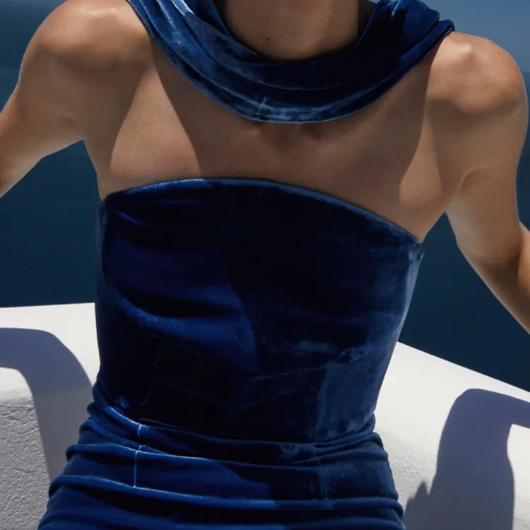 Chic Luxury Women Celebrity Sexy Tank Velvet Blue Maxi Long Gowns Dress 2025 Elegant Evening Party Club Vestido