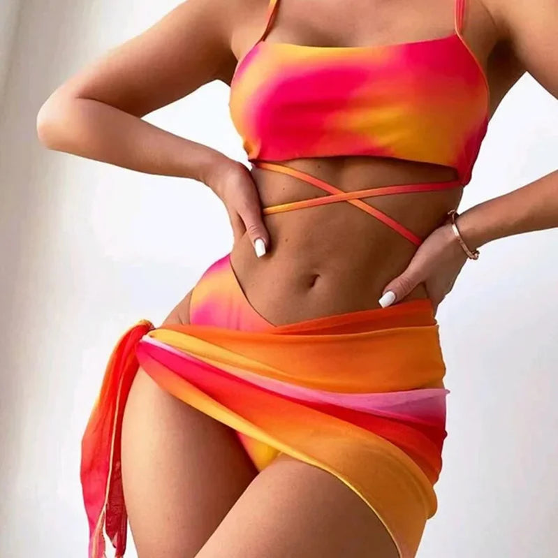 Sexy Womens 3 Pieces Bikini Set Tie Dye Swimsuit Beachwear Summer Fashion Push Up Comfortable Mesh Skirt Suit for Ladies Orange