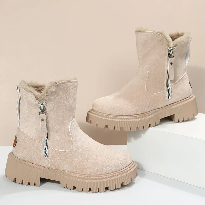 Snow Boots Women Winter Warm Fashion Designer Platform Boots Non-slip Short Plush Flats Suede Shoes Mujer Khaki color
