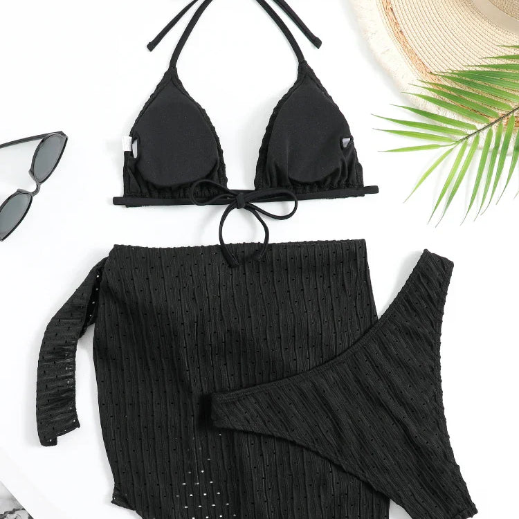 2023 New 3 Pieces Set Swimsuit Women Thong Swimwear Sexy Micro Bikini Set With Sarong Skirt White Beachwear Bathing Suit Pink