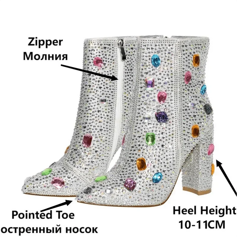 Onlymaker Women Rhinestones Ankle Boots Pointed Toe Zipper Luxury Bling Party Dress Big Size Lady Booties