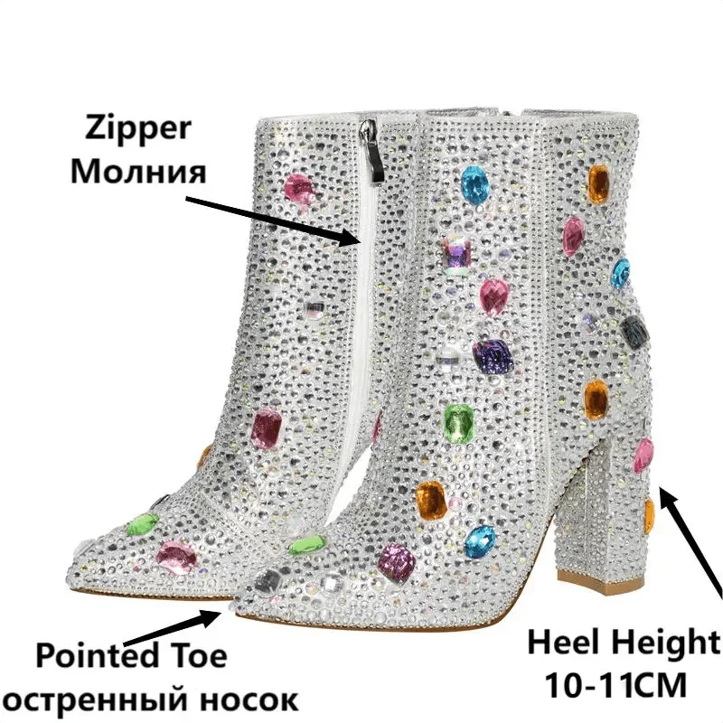 Onlymaker Women Rhinestones Ankle Boots Pointed Toe Zipper Luxury Bling Party Dress Big Size Lady Booties