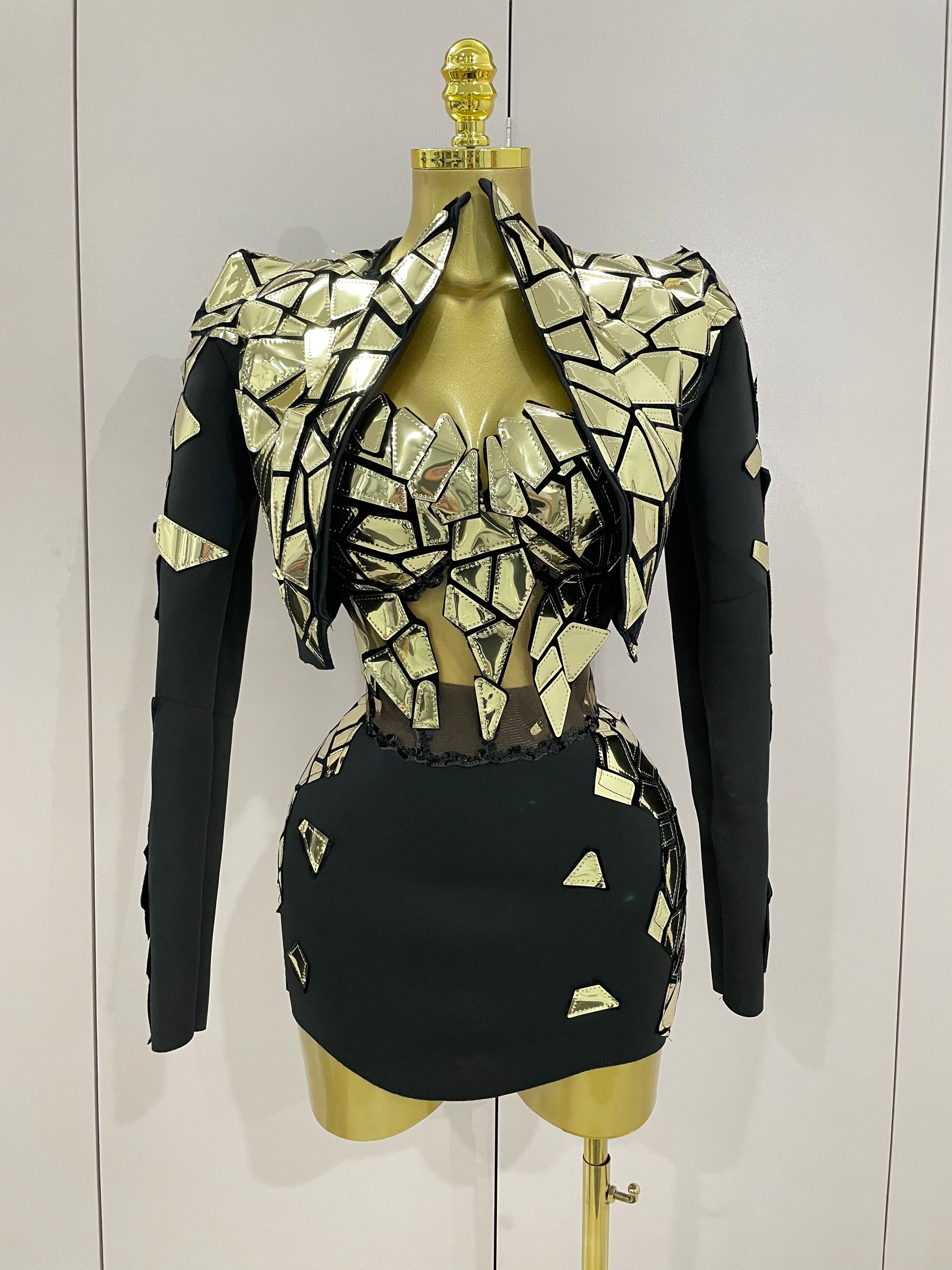 STOCK 2025 Women Sexy Pink Glitter Sequin Mirrors Short Skirt 3pcs Set Birthday Party Nightclub Queen Drag Stage Costume