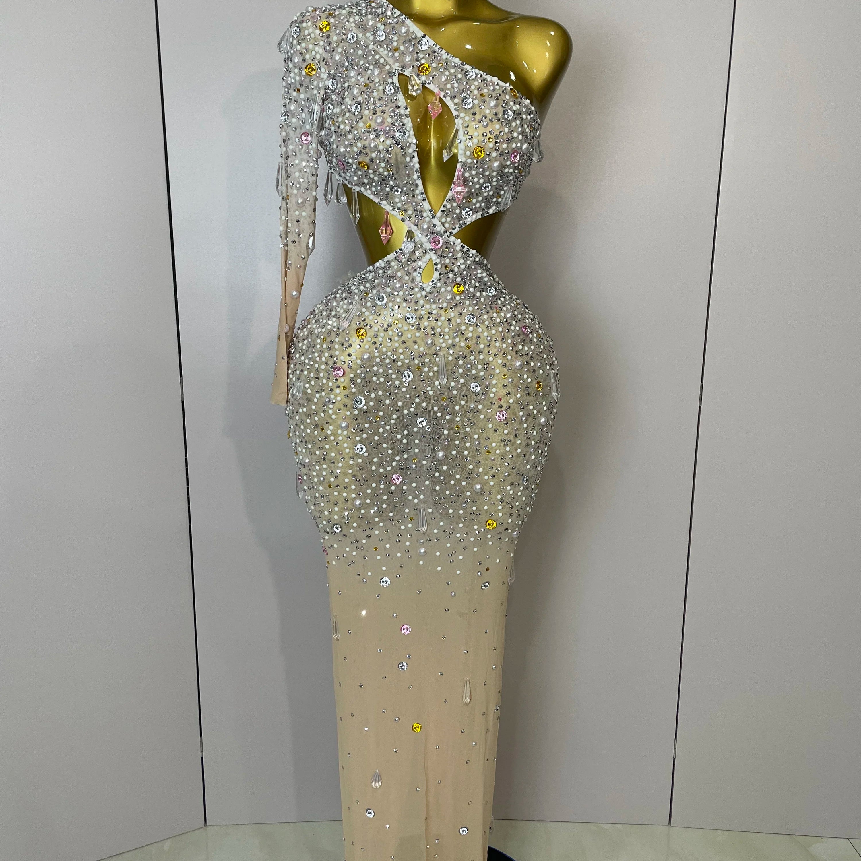 Stock 2025 Women Sexy One Shoulder Hollow Out Big Crystal Bodycon Long Dress Celebrate Nightclub Party Bar Singer Birthday Dress