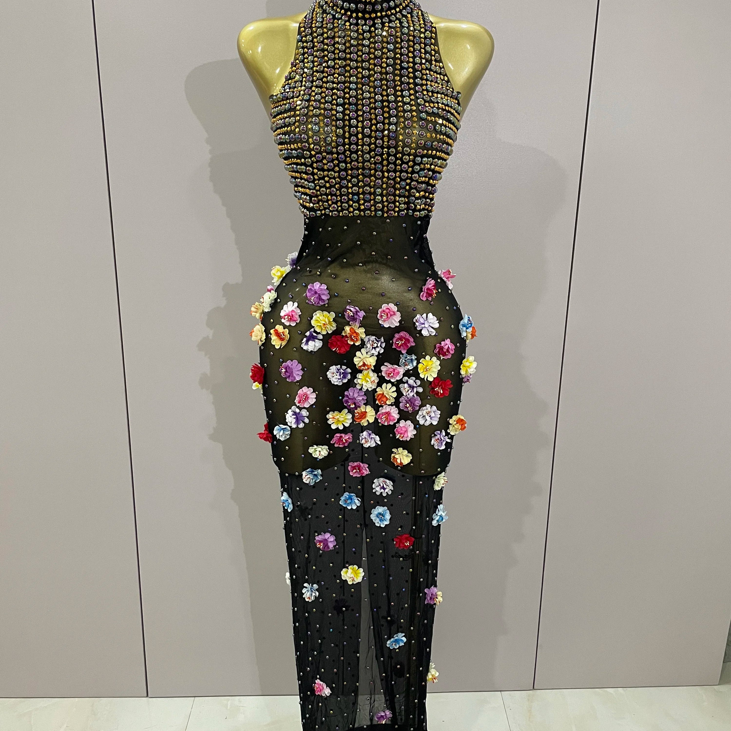 Sparkly Rhinestones Flowers Sexy See Through Long Dress 2025Women Birthday Celebrate Wedding Evening Prom Dress Photo Shoot Wear