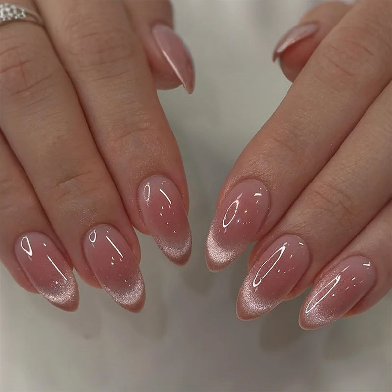 24Pcs Mid-length Brown French Almond Nails Set Press on White Dot Detachable False Nails 3D Bow Pearl Full Cover Fake Nails Tips