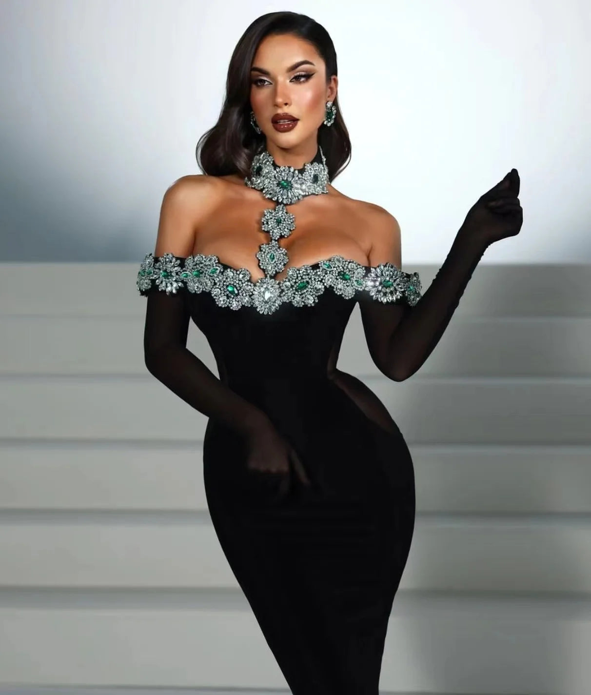 STOCK Fashion Golves Luxury Diamonds Sexy Off The Shoulder Halter Ankle Length Dress Graceful Woman Evening Party Dress