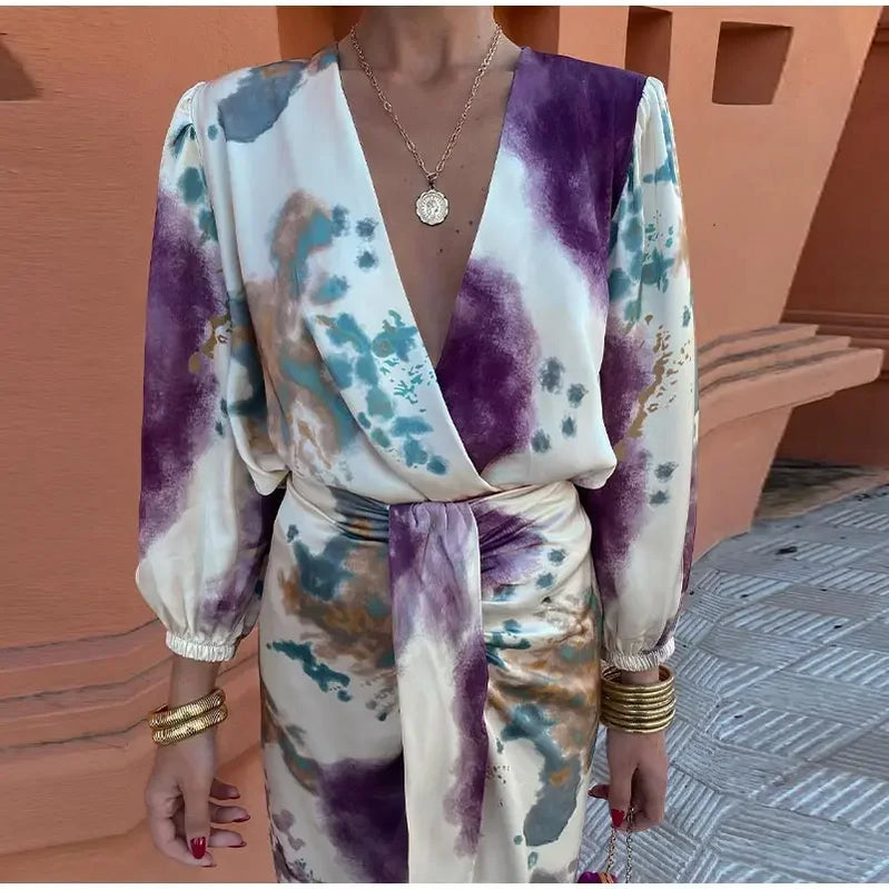 Women Skirt Fashion Stain Print Skirt Set Chic Cross V Neck Long Sleeves Shirt Slit Midi Skirts Suit Lady Fashion Outfits