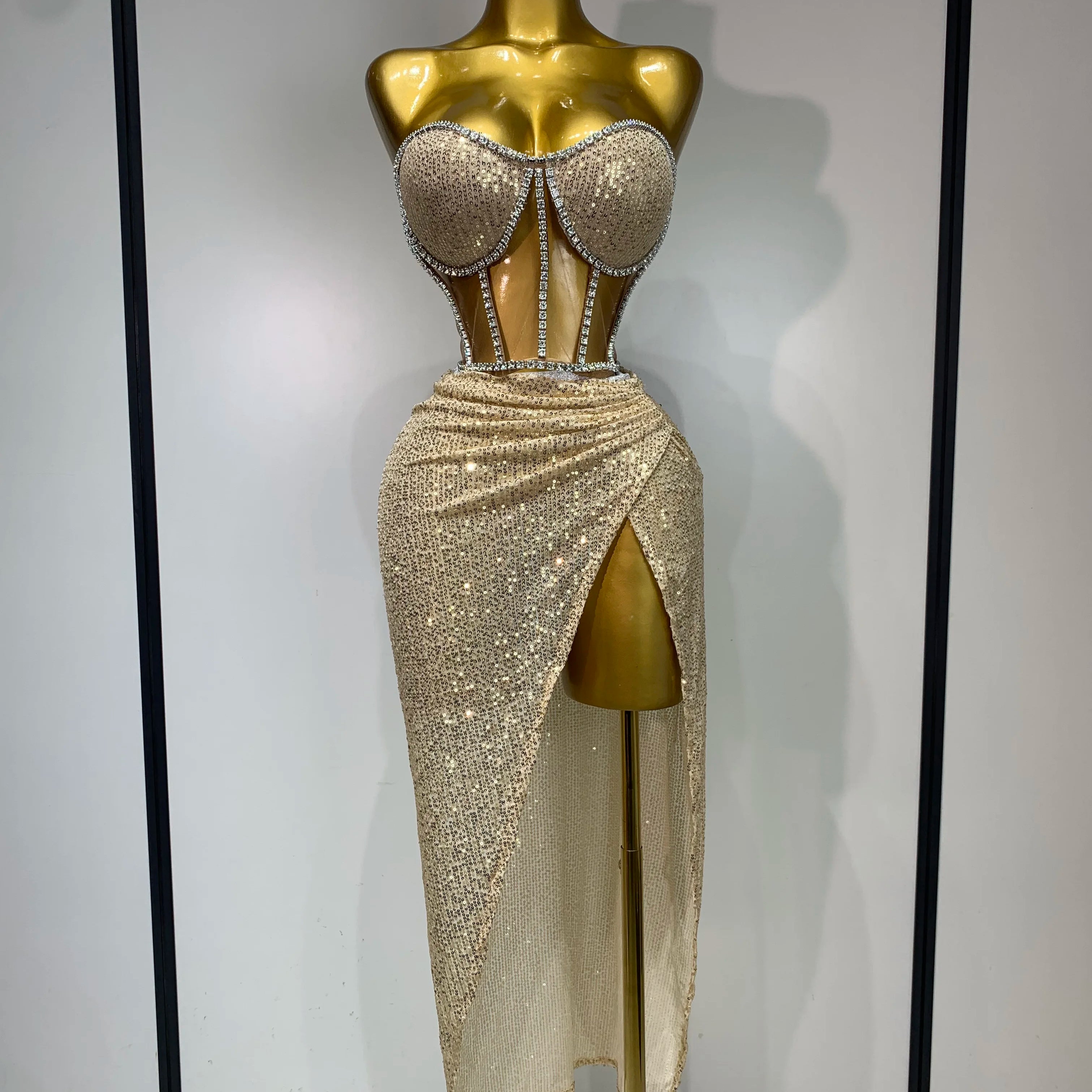 Women Sexy Nightclub Skirt Sets Strapless Diamonds Sequines Two Piece Sets Gogo Performance Outfit Evening Party Birthday Dress