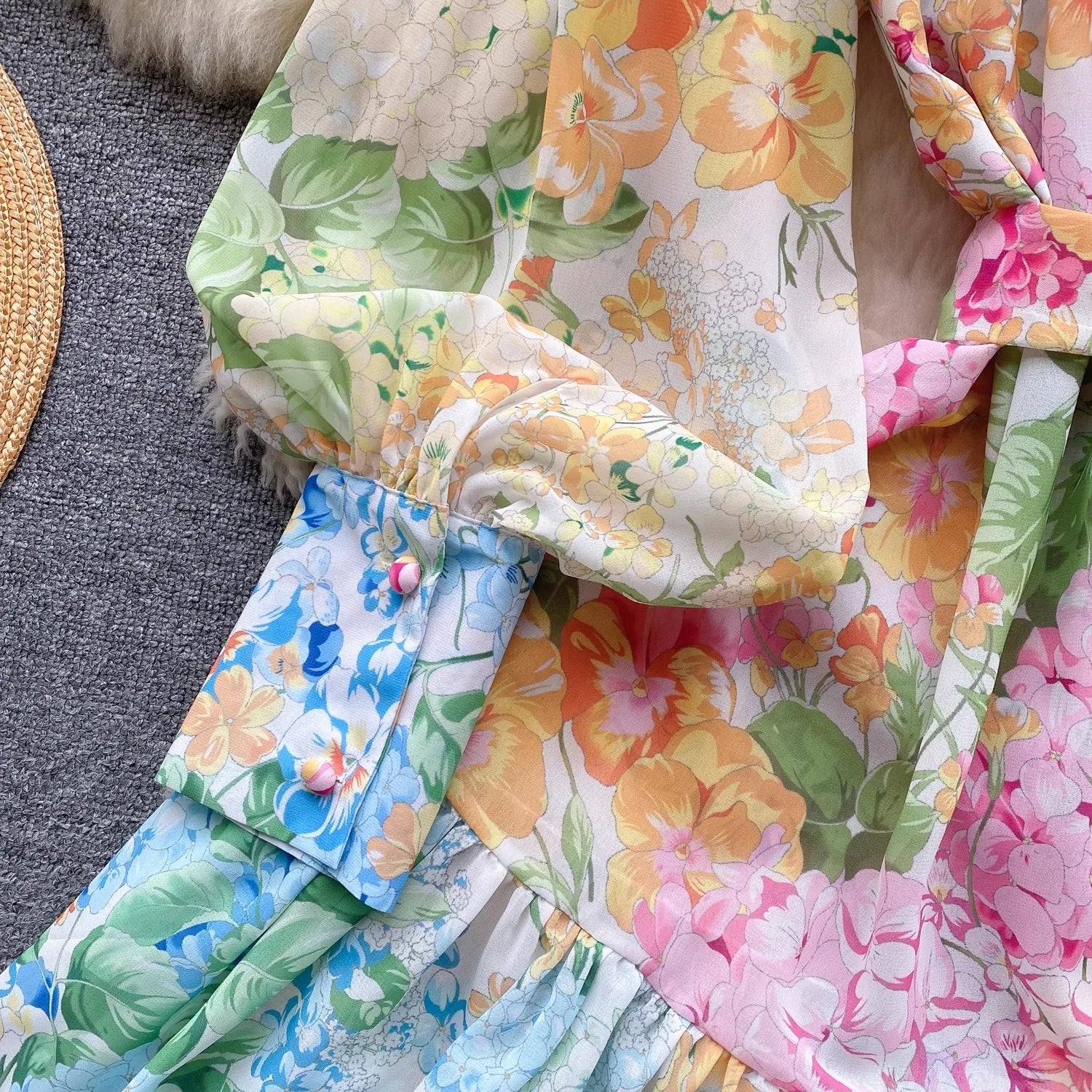 New Summer Holiday Beach Short Dress Women's Stand Long Lantern Sleeve Floral Print Sashes Lace Up Chiffon Loose Vestidos 6362