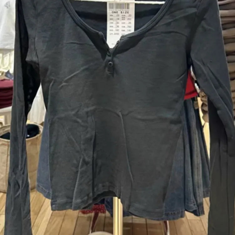 Casual Women Fashion Front Buttons Tees Fall Vintage O Neck Long Sleeves Solid Color T shirts Female Chic Tops