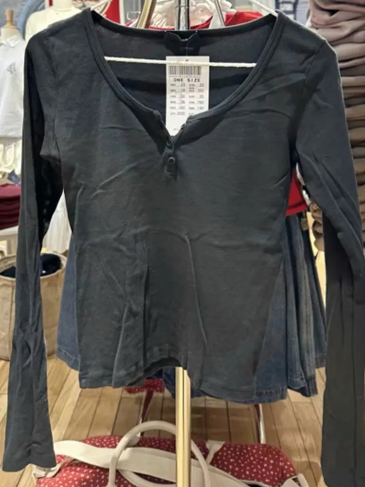 Casual Women Fashion Front Buttons Tees Fall Vintage O Neck Long Sleeves Solid Color T shirts Female Chic Tops