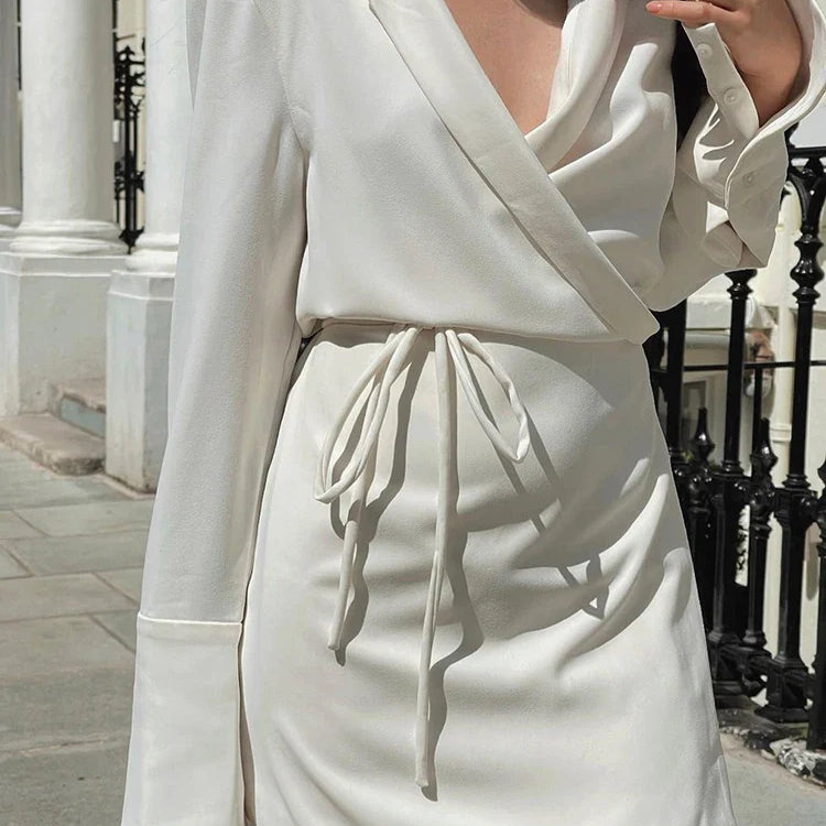 Julissa Mo Black Satin V-Neck Shirt Dress Women Spring Flare Sleeve Lace Up Mini Dresses Elegant Ladies Party Vestidos