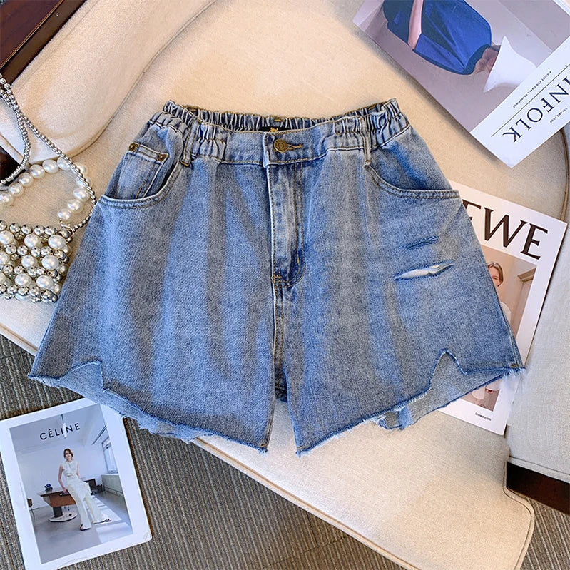 Plus-size women's summer denim shorts Washed denim fabric ripped design Street shorts Commuter party jeans asymmetrical design Blue