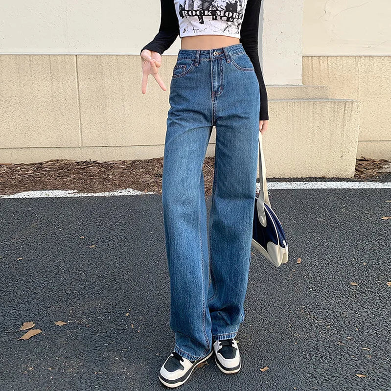 ZOENOVA Spring Premium Straight Women's Jeans Casual High Waist Straight Wide Leg Pants Y2K Street Versatile Denim Trousers Dark Blue