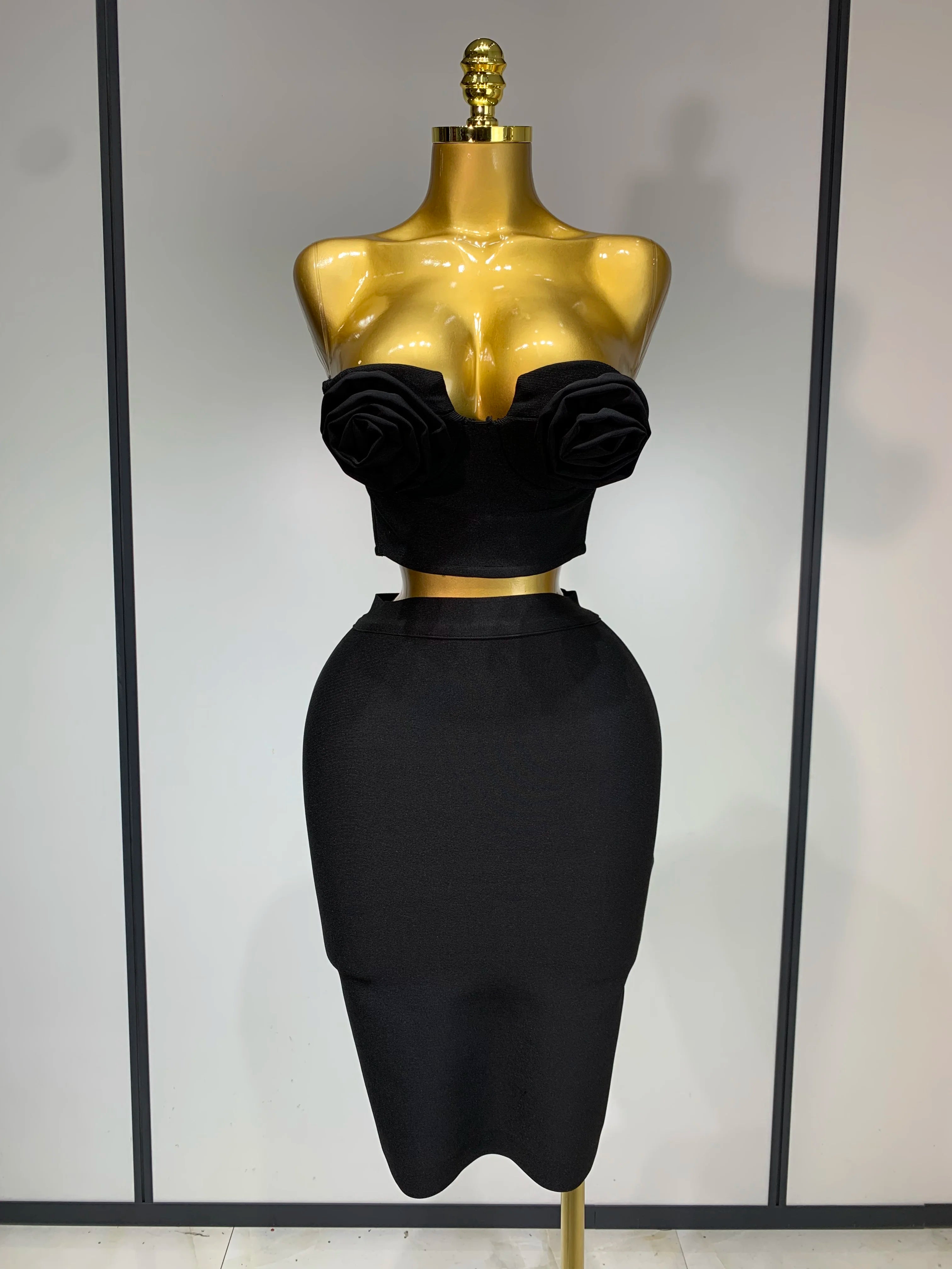 2025 New Arrival Women 3D Flower Black Bodycon Bandage Two Piece Set Designer High Waist Evening Party Club Birthday Skirt Set