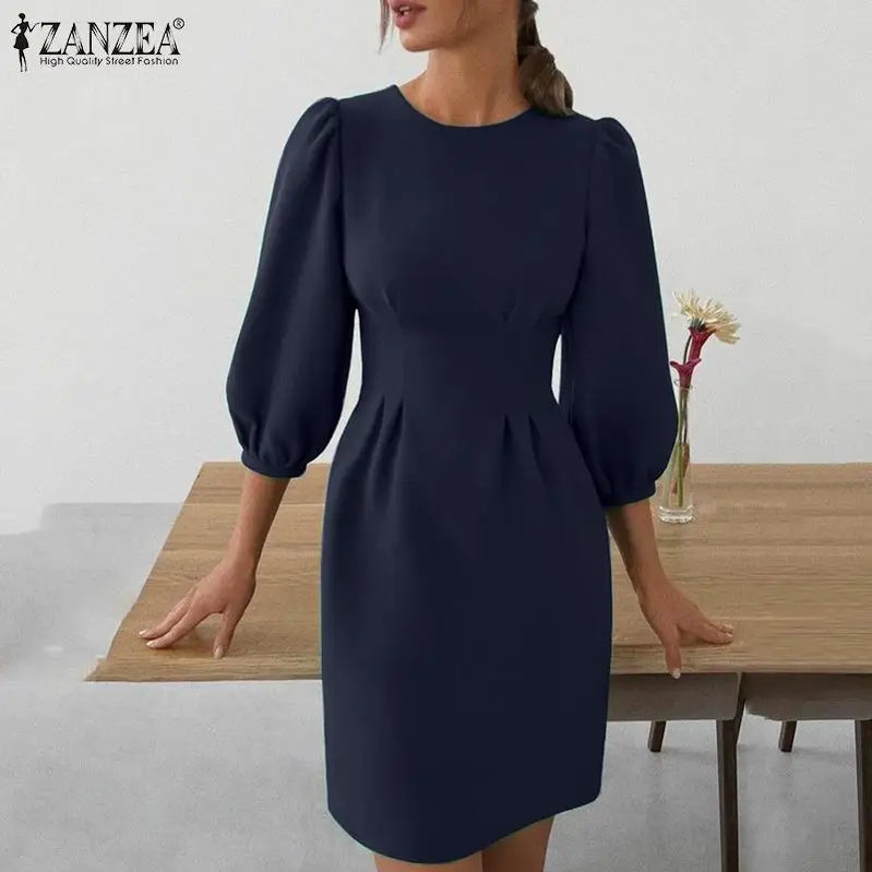 Solid Women Autumn Dress Lantern Sleeve Knee-length Female Vestidos Elegant Evening Robe Fashion Party Sexy Sundress Dark Blue