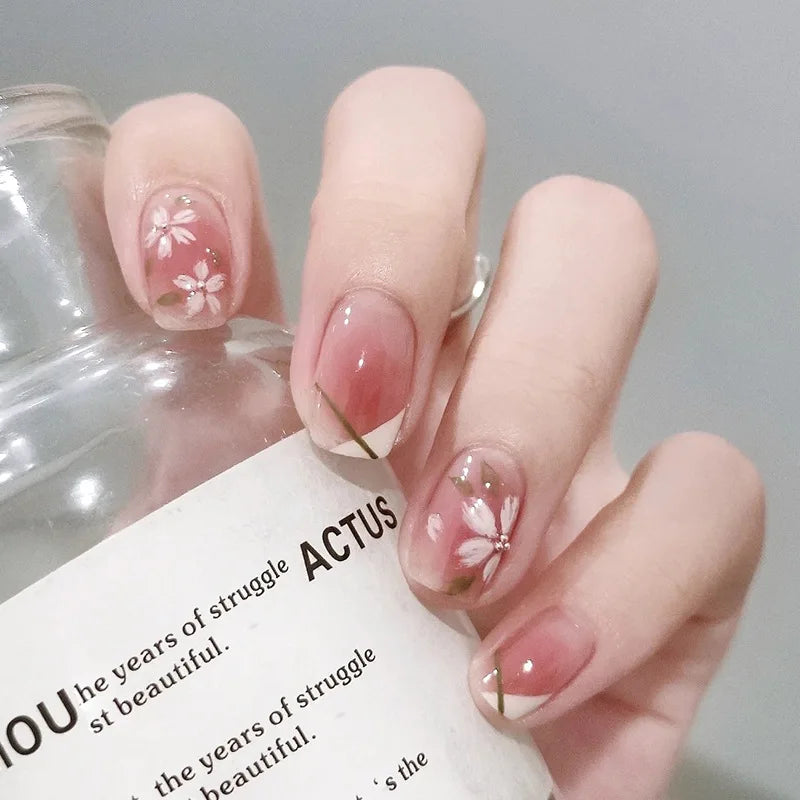 24Pcs Short Square French Fake Nail Pink Smudge Press on Nails with Flower Design Simple Datachable Full Cover False Nails Tips