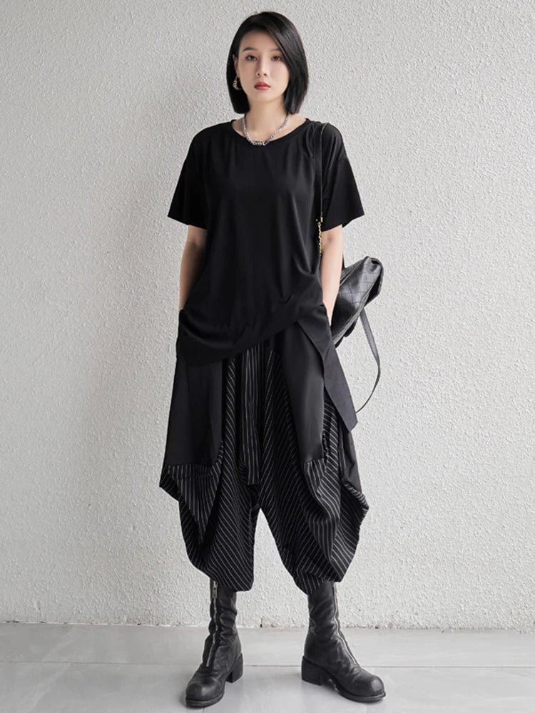 [EAM] High Elastic Waist Black Striped Spliced Harem Trousers New Loose Fit Pants Women Fashion Tide Spring Summer 1DE0542