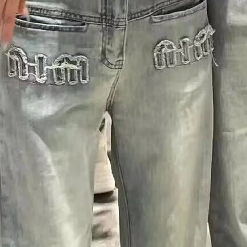 Y2K American Retro Gothic Wide Legged New Worn Out Washed Loose Slim Straight Floor Dragging Jeans