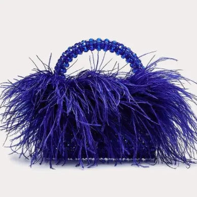Pearl Bead Bag With Ostrich Feather Fur Designer Brand Clear Acrylic Crystal Stone Box Tote Handbag Women Handmade Party Purse blue
