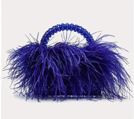 Pearl Bead Bag With Ostrich Feather Fur Designer Brand Clear Acrylic Crystal Stone Box Tote Handbag Women Handmade Party Purse blue