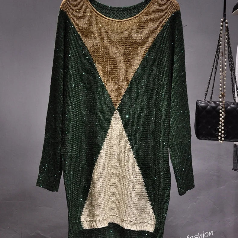 The European Fashion Women Long Breeze Light Film Loose Sweater Knit Knitted Sequined Patchwork Sweaters for Women green One Size