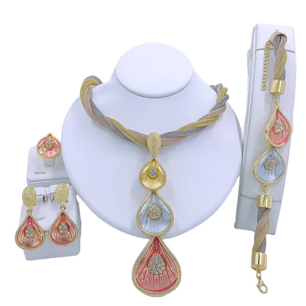 African Necklace Earrings Dubai Gold Color Jewelry Set for Women Wedding Bridal Travel Party Bracelet Ring Pendant Jewelry Shell jewelry Resizable 45cm | Clear