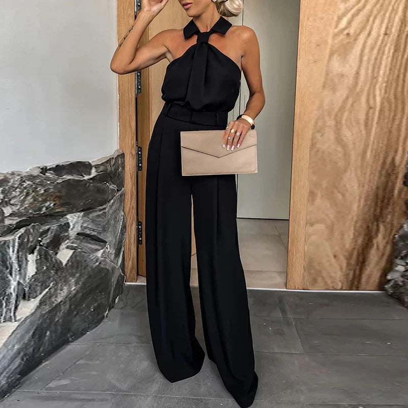 Sexy Off Shoulder Hight Waist Jumpsuit Women Casual Sleeveelss Wide Legger Solid Romper Elegant Pleated Loose Long Playsuit 04 Black