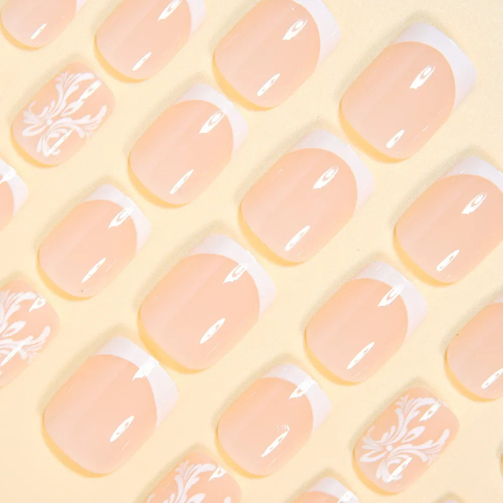 24Pcs Minimalist White French False Nails Nude Color Short Square Press On Nails Fairy Flower Printed Full Cover Fake Nails Art
