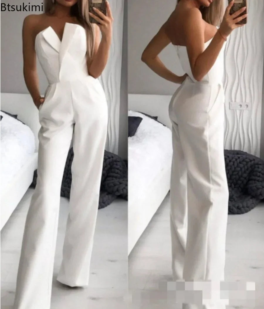 Women's Elegant Jumpsuits Solid Off Shoulder Sexy Club Jumpsuit Female Sleeveless High Waist Slim Wide Leg Jumpsuit Pants
